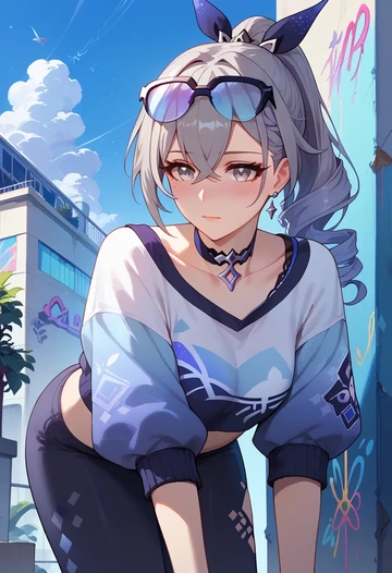 star rail,silver wolf,cropped graffiti sweatshirt,dolphin shorts  - AI generated anime art